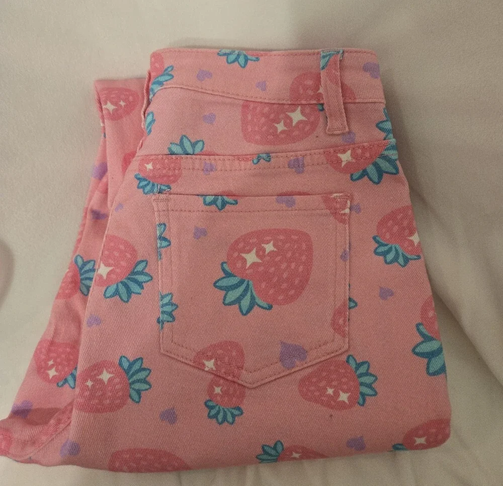 Sugar Thrillz Pink Strawberry Print Straight Leg Jeans - Picture 7 of 7